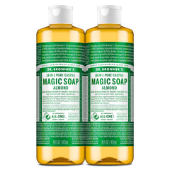 Dr. Bronner's almond pure-castile soap bottle for versatile cleansing on skin and surfaces.