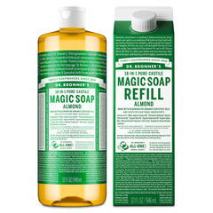 Dr. Bronner's Pure-Castile Almond soap bottle for versatile body wash and refill.