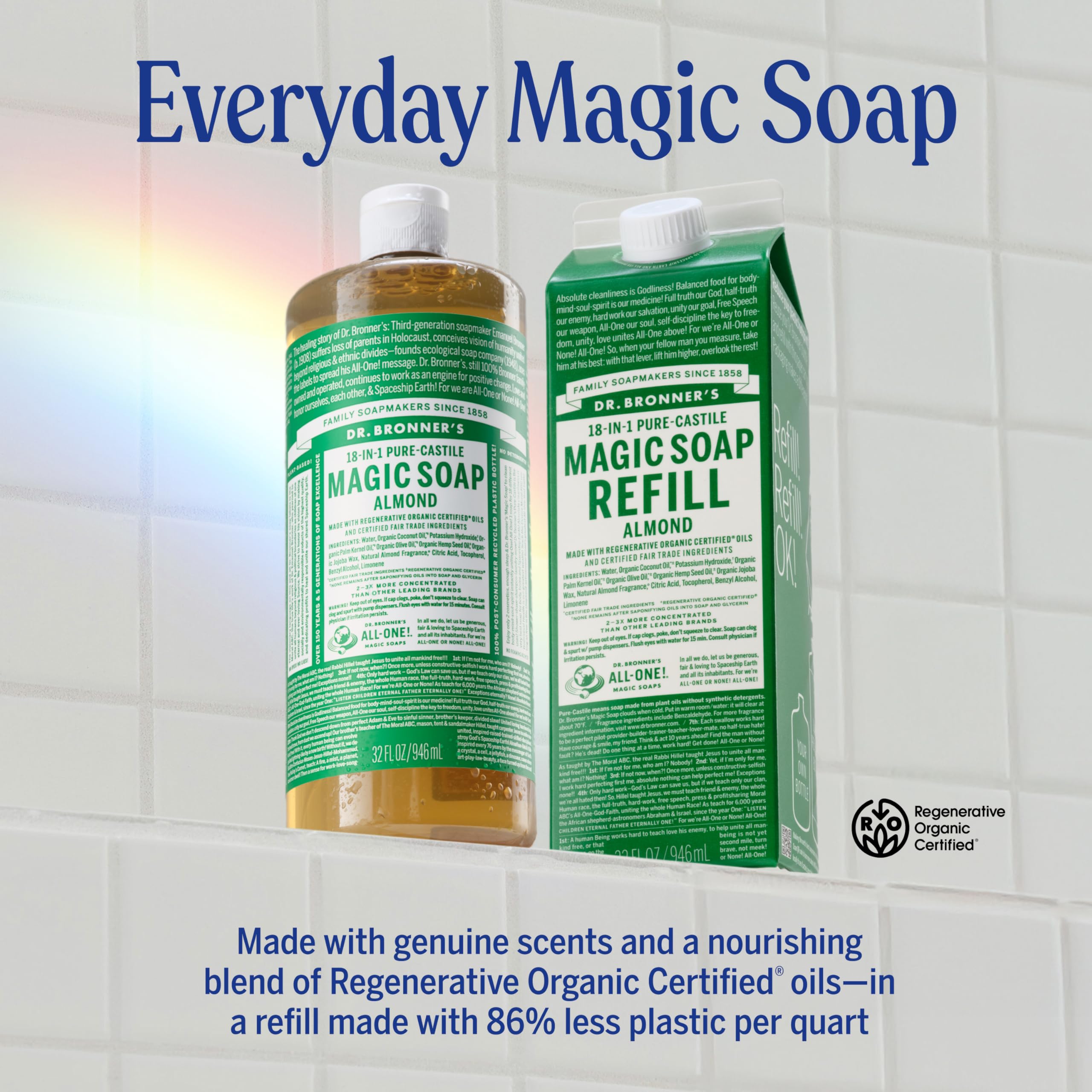 Ingredients highlight organic oils and fair trade sourcing in Dr. Bronner's Almond soap.