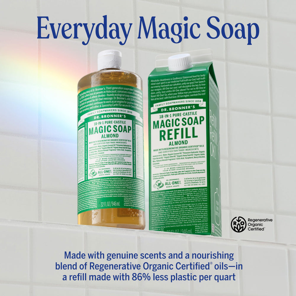 Ingredients highlight organic oils and fair trade sourcing in Dr. Bronner's Almond soap.
