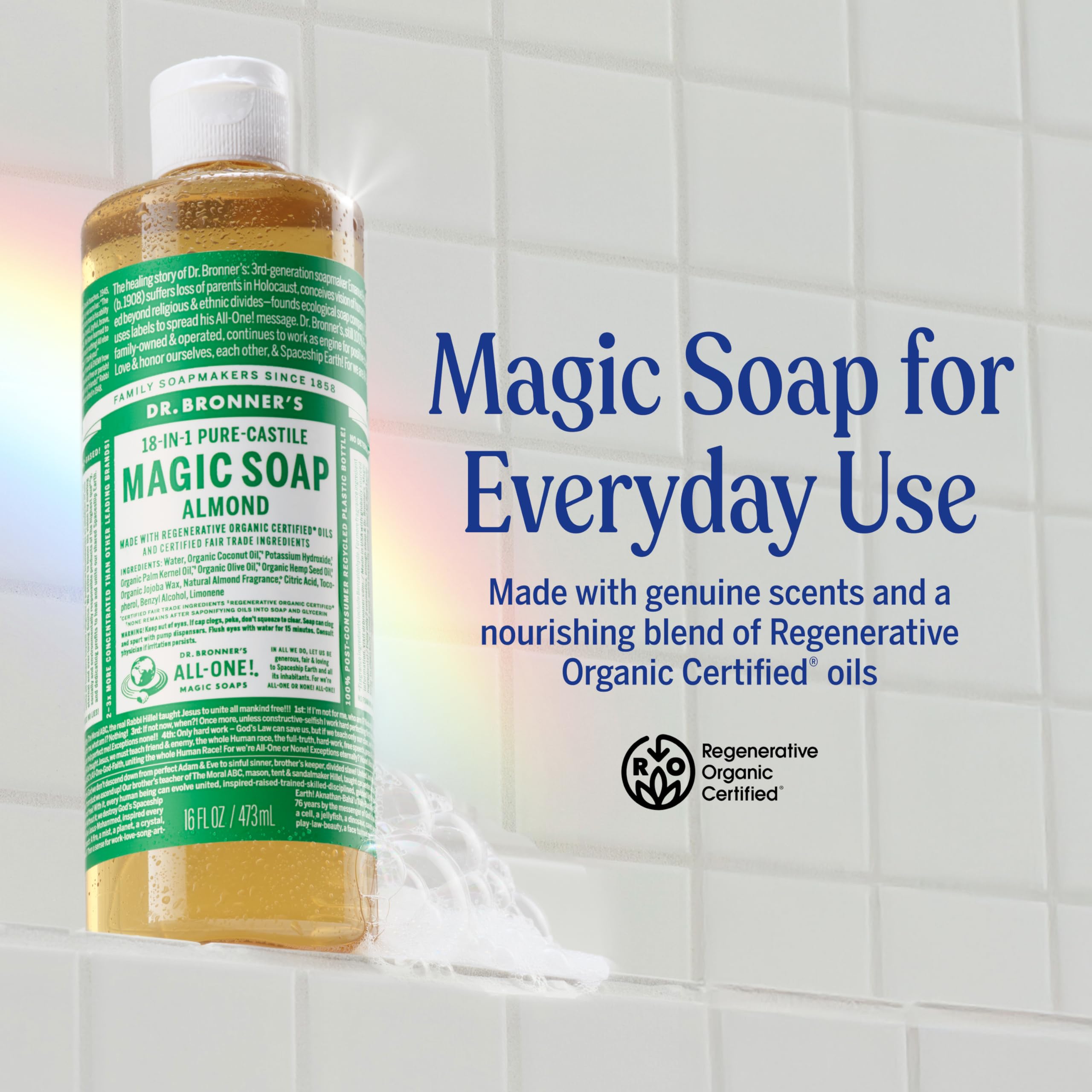 Dr. Bronner's almond soap lather closeup highlights rich cleansing for the skin.