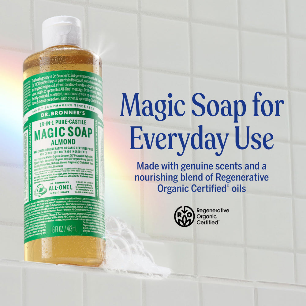 Dr. Bronner's almond soap lather closeup highlights rich cleansing for the skin.