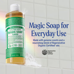 Dr. Bronner's almond soap lather closeup highlights rich cleansing for the skin.