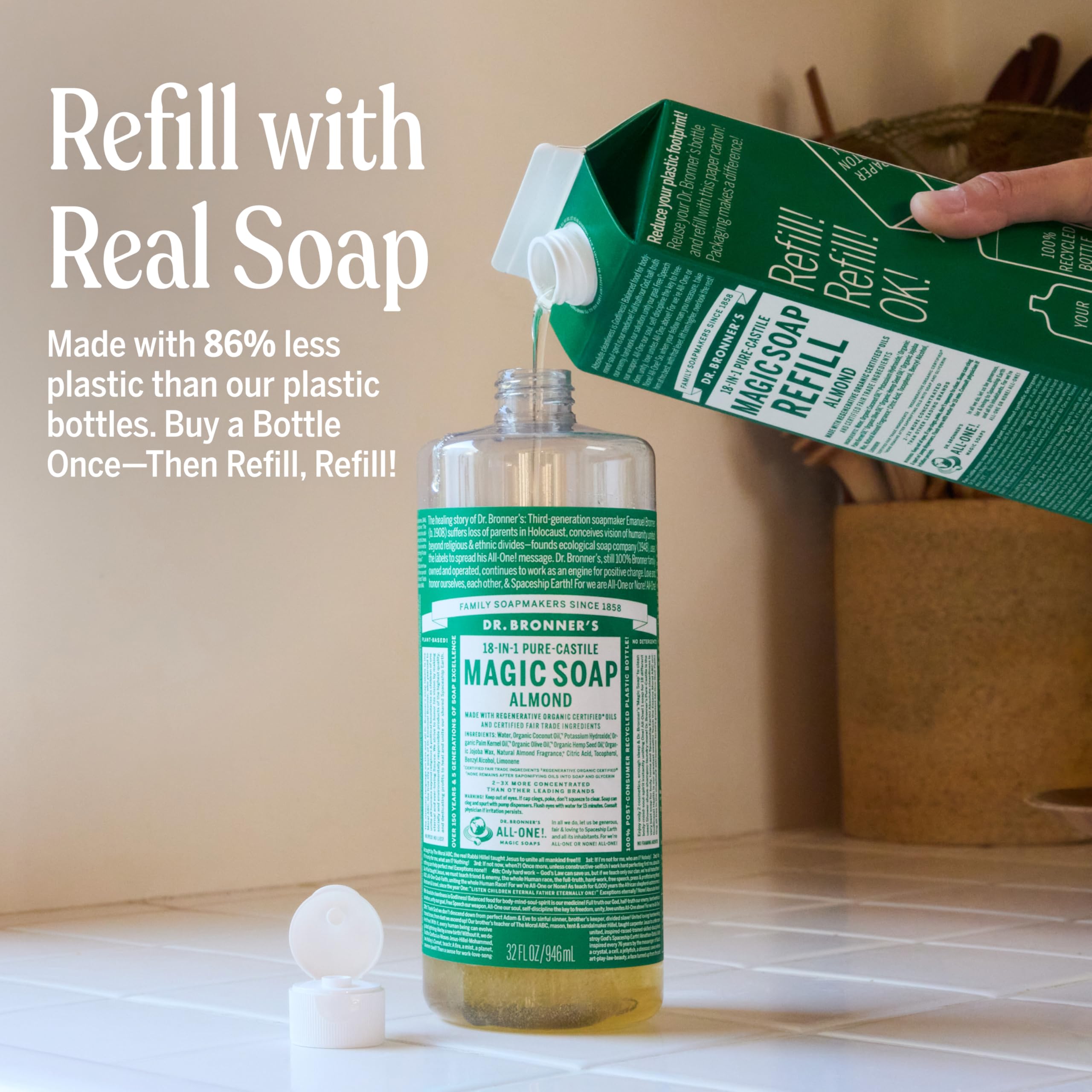 Dr. Bronner's Almond soap lather demonstrates rich, cleansing foam.