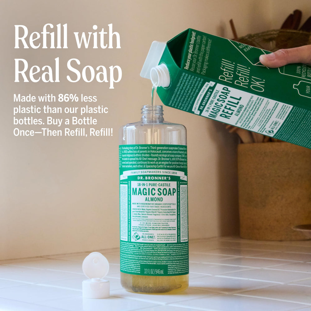 Dr. Bronner's Almond soap lather demonstrates rich, cleansing foam.