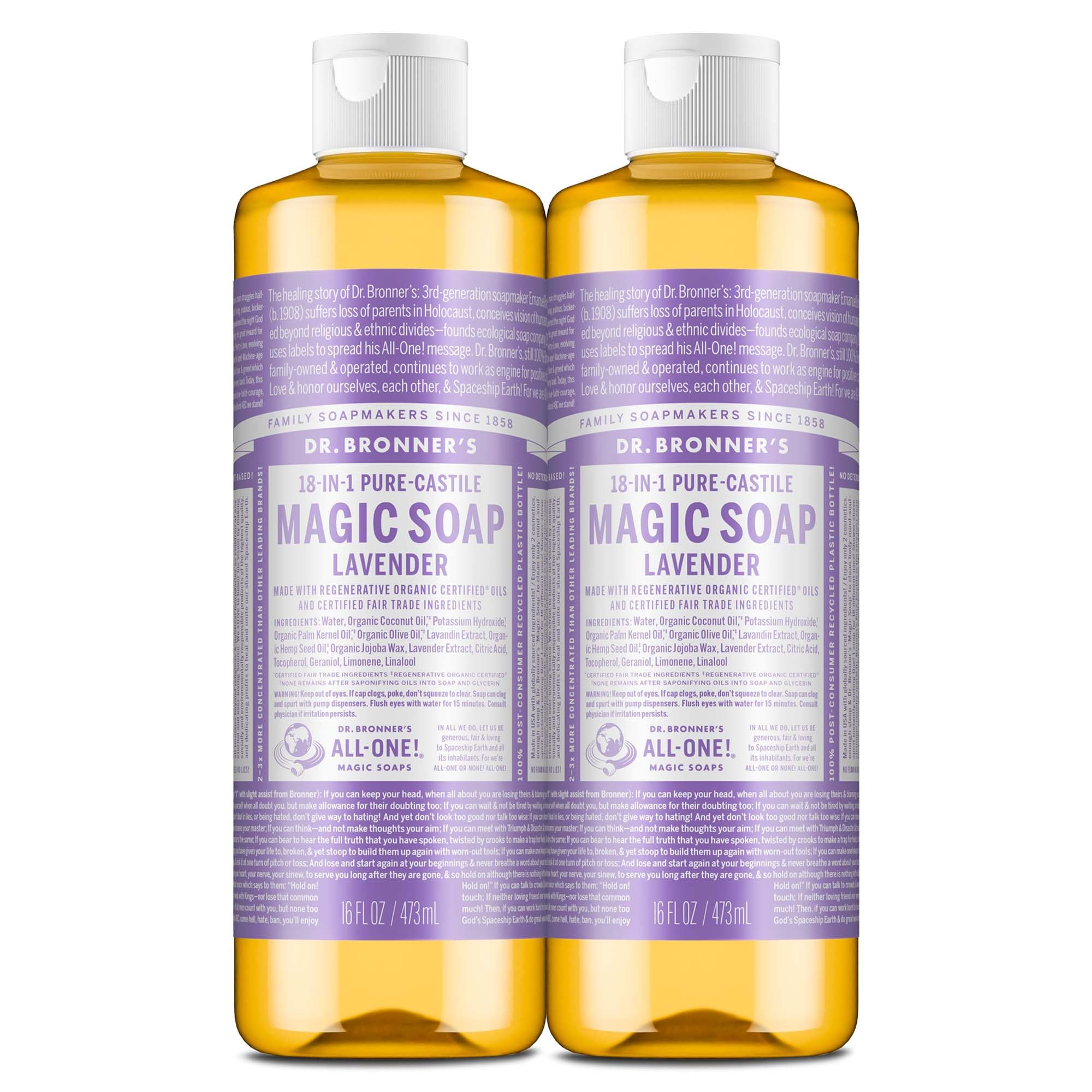 Dr. Bronner’s Pure-Castile Lavender bottle for versatile cleaning and skin care