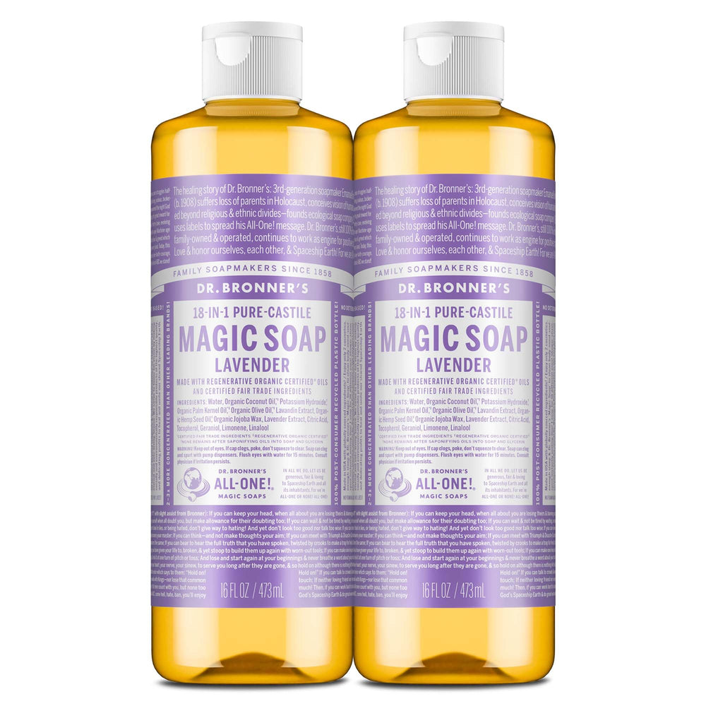 Dr. Bronner’s Pure-Castile Lavender bottle for versatile cleaning and skin care