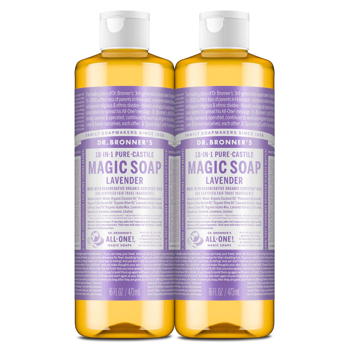 Dr. Bronner’s Pure-Castile Lavender bottle for versatile cleaning and skin care