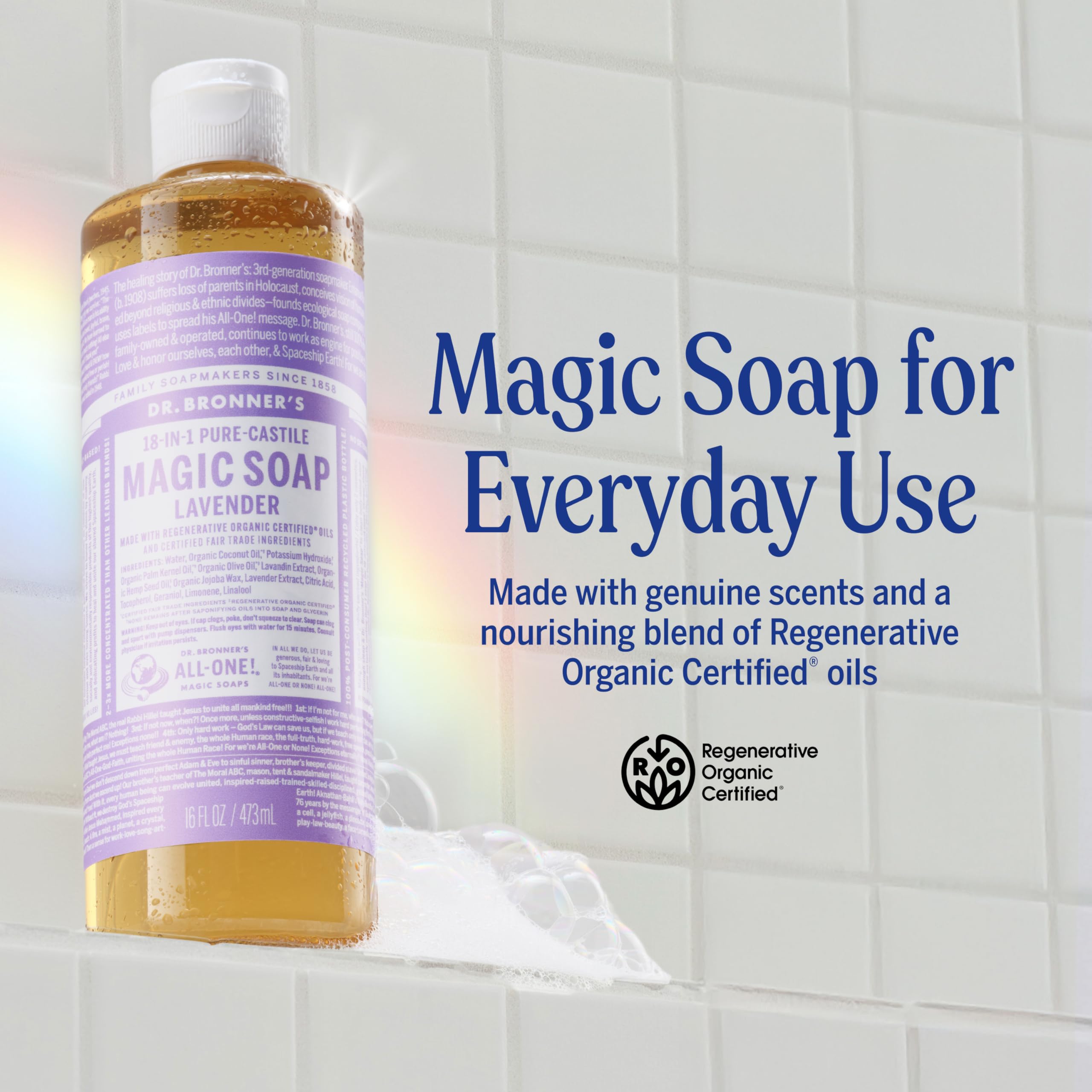 Dr. Bronner’s Lavender lather shows rich foam for skin and hair care