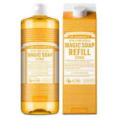 Dr. Bronner’s Citrus Castile Soap bottle with rich lather for skin cleansing