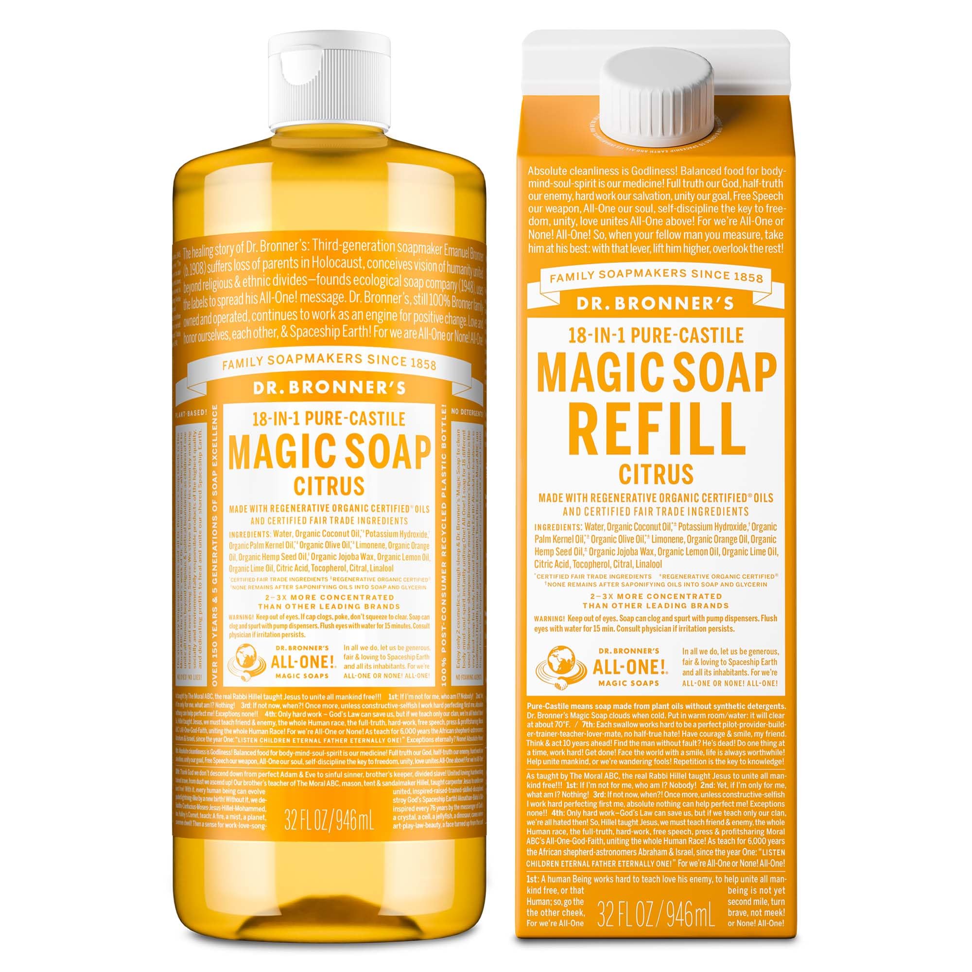 Dr. Bronner’s Citrus Castile Soap pour showing multi-use convenience
