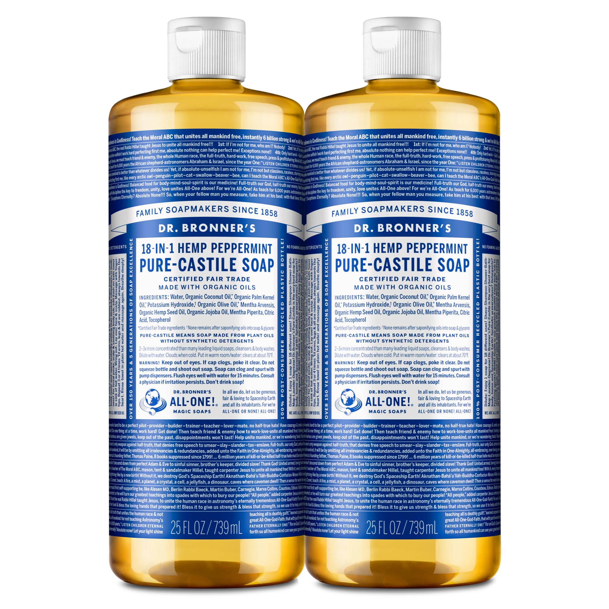 Dr. Bronner's Peppermint Pure-Castile soap bottle front label highlighting organic ingredients.