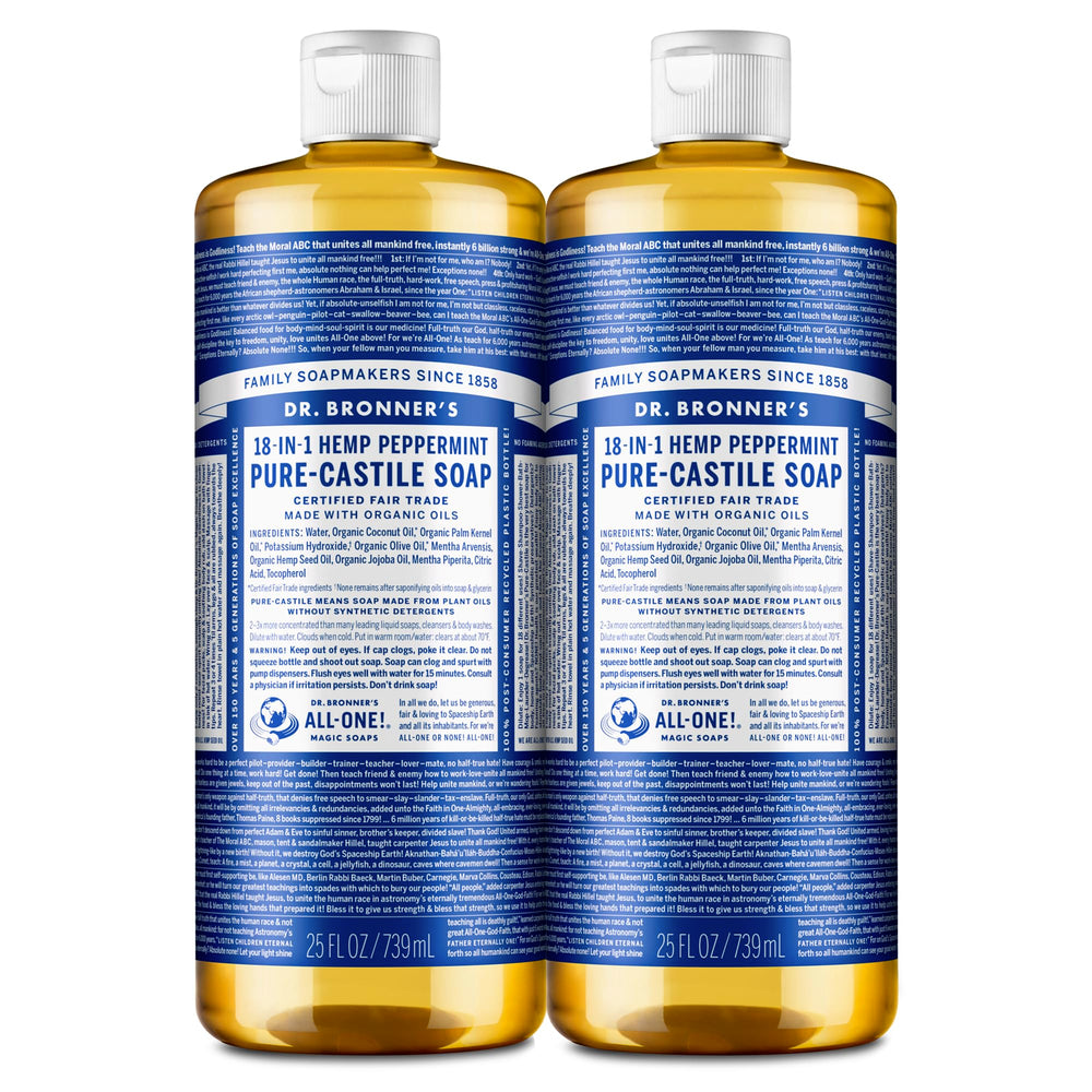 Dr. Bronner's Peppermint Pure-Castile soap bottle front label highlighting organic ingredients.