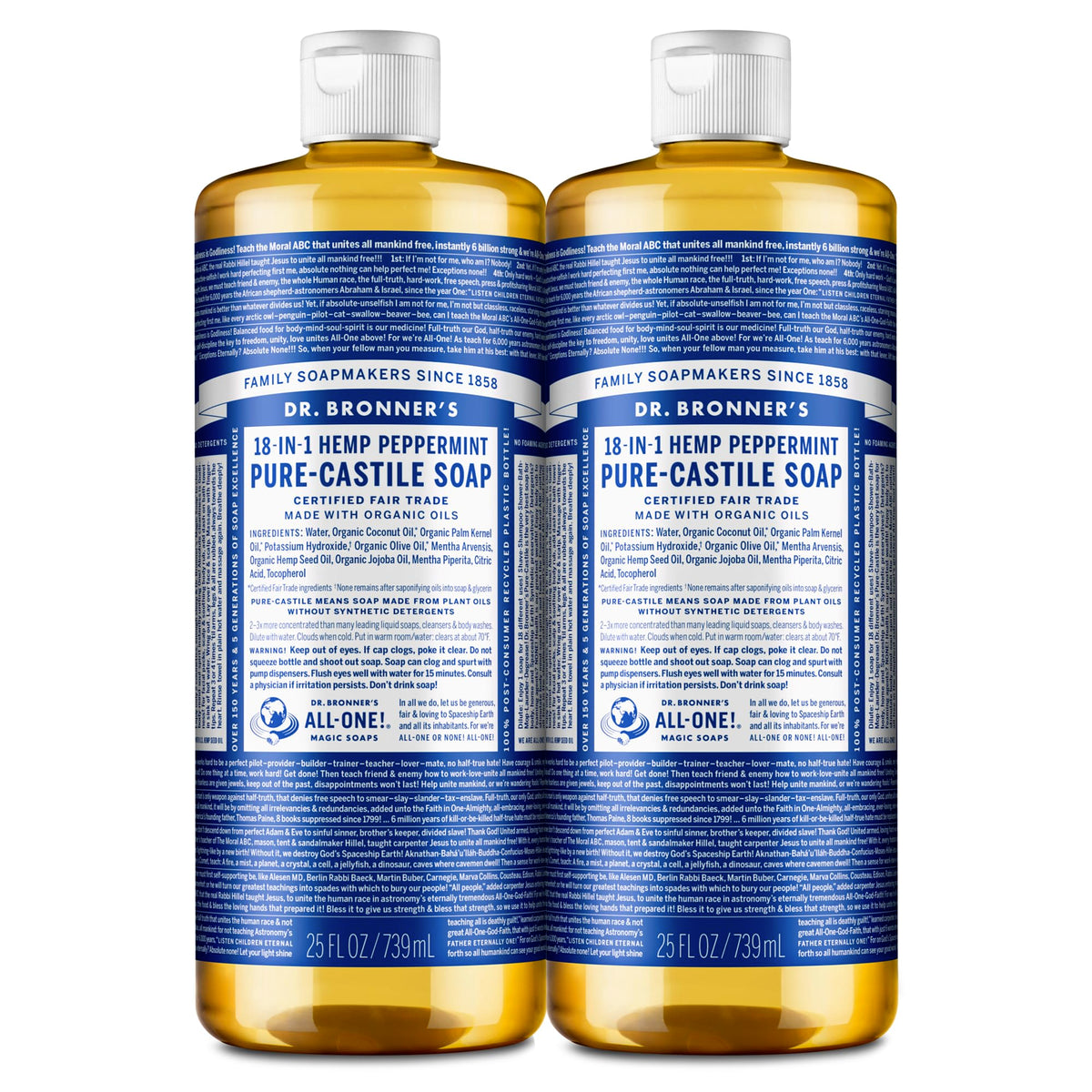 Dr. Bronner's Peppermint Pure-Castile soap bottle front label highlighting organic ingredients.