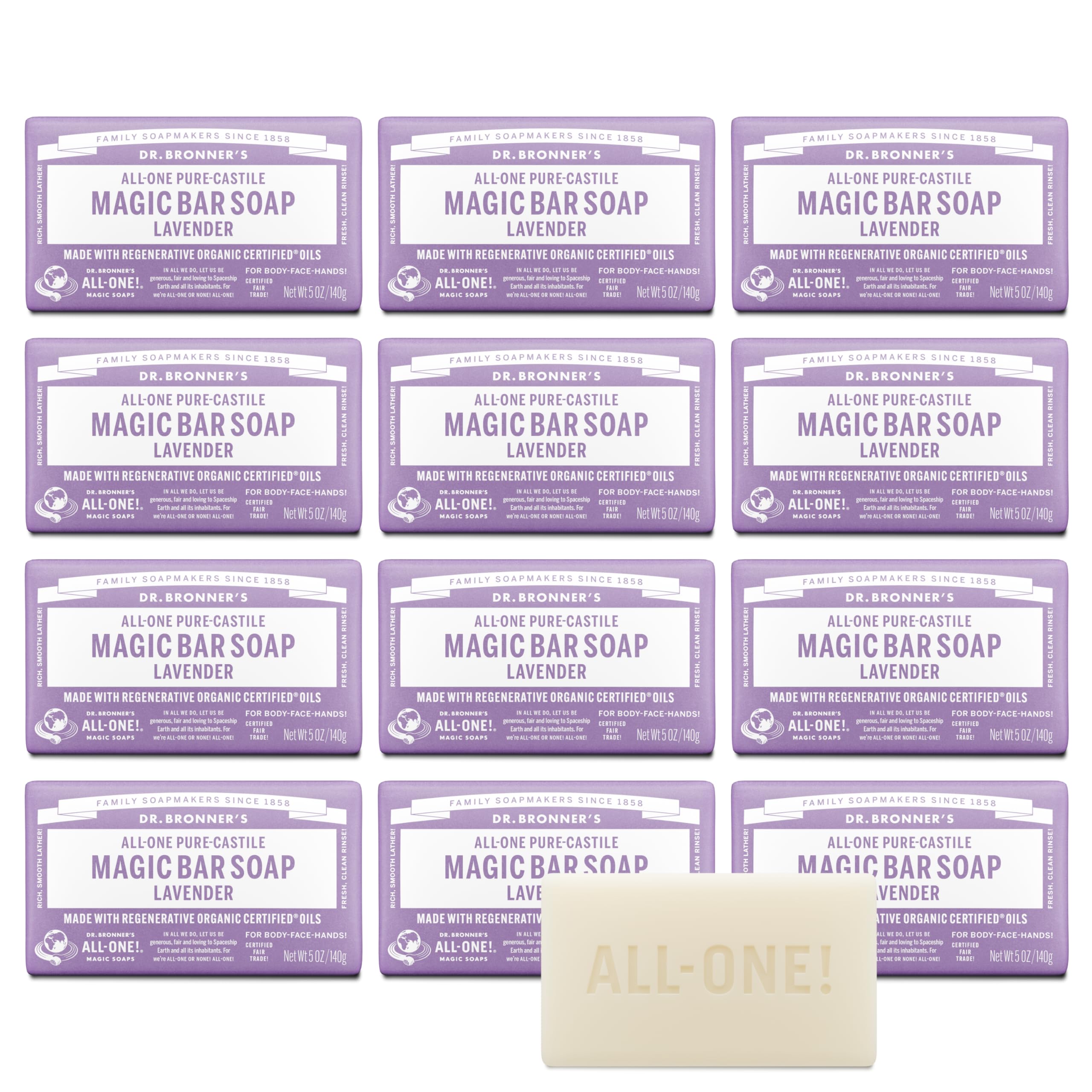 Dr. Bronner's Lavender Pure-Castile bar soap provides rich lather for refreshing cleansing.