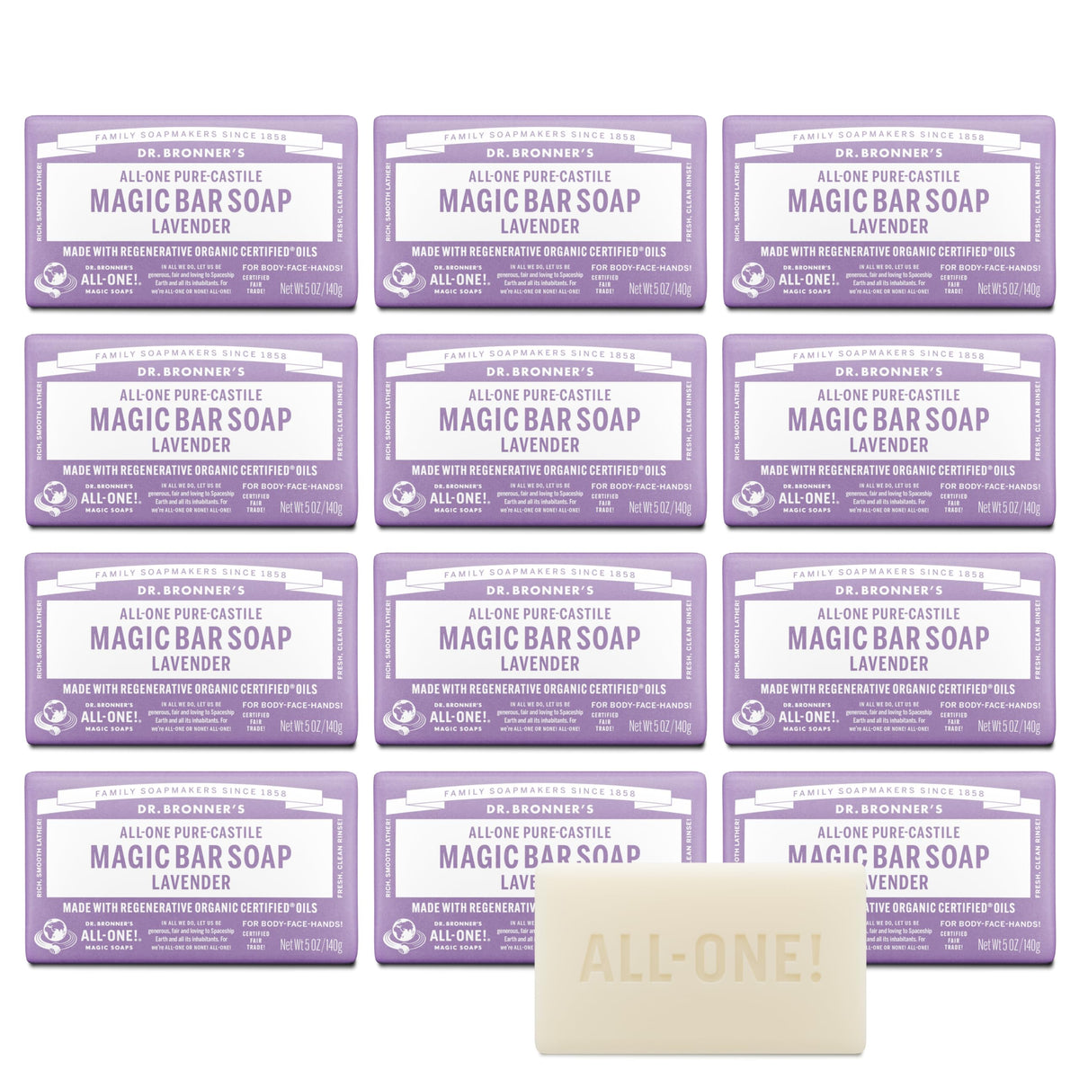Dr. Bronner's Lavender Pure-Castile bar soap provides rich lather for refreshing cleansing.