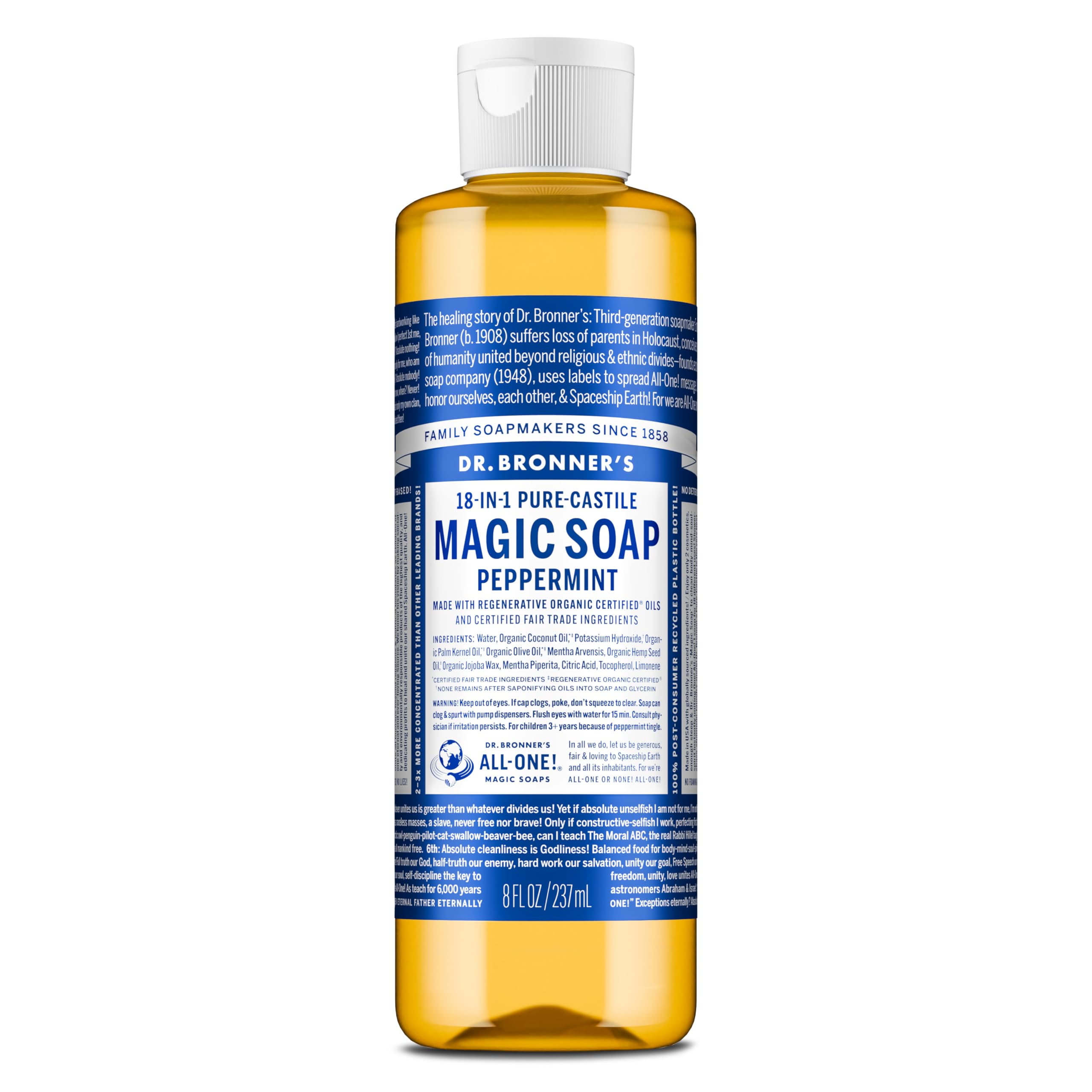 Dr. Bronner's Pure-Castile Peppermint bottle shows versatile all-in-one soap use.