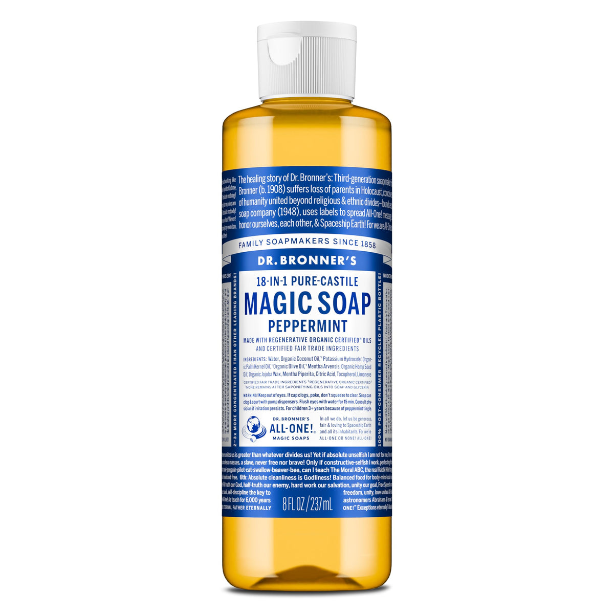 Dr. Bronner's Pure-Castile Peppermint bottle shows versatile all-in-one soap use.