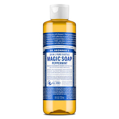 Dr. Bronner's Pure-Castile Peppermint bottle shows versatile all-in-one soap use.