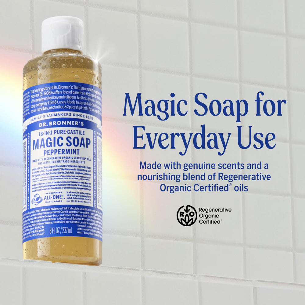 Dr. Bronner's Peppermint Castile lather highlighting rich foam for skin and surfaces.