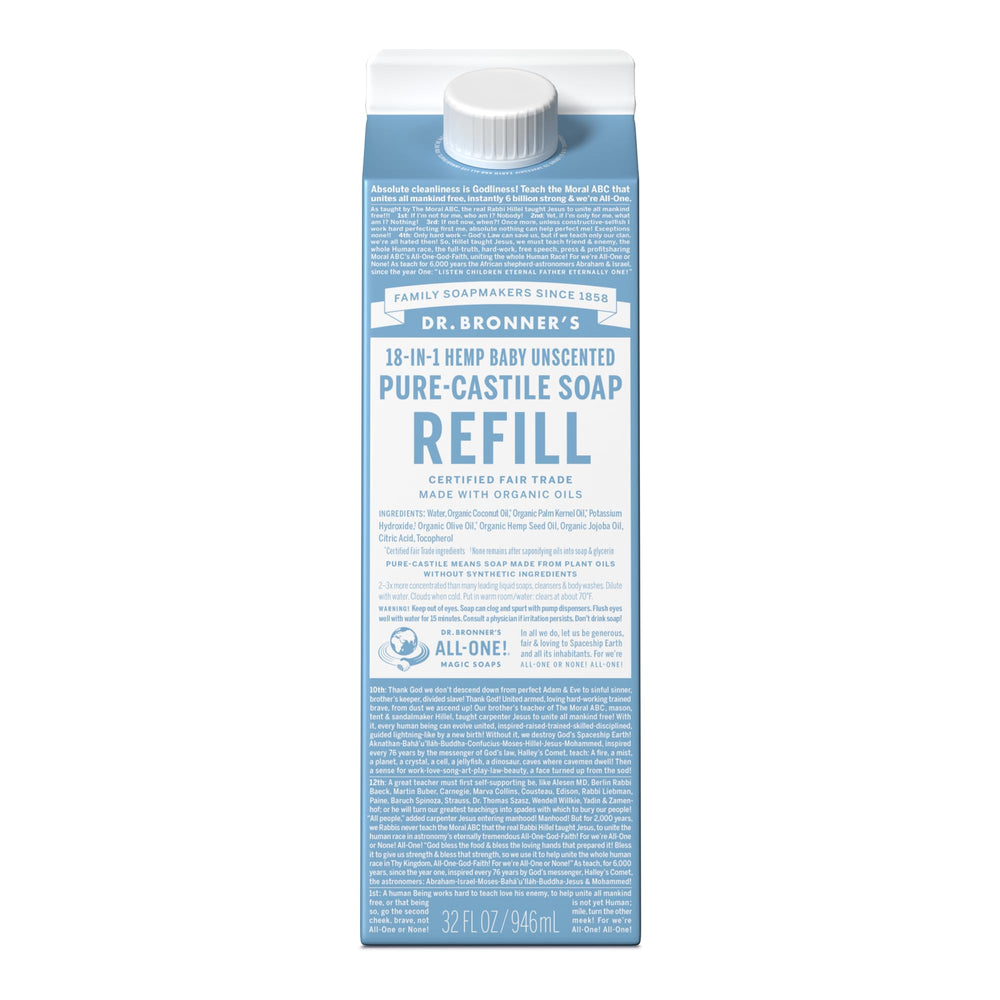 Dr. Bronner's Pure-Castile refill carton 32oz shows eco-friendly packaging and refill convenience.