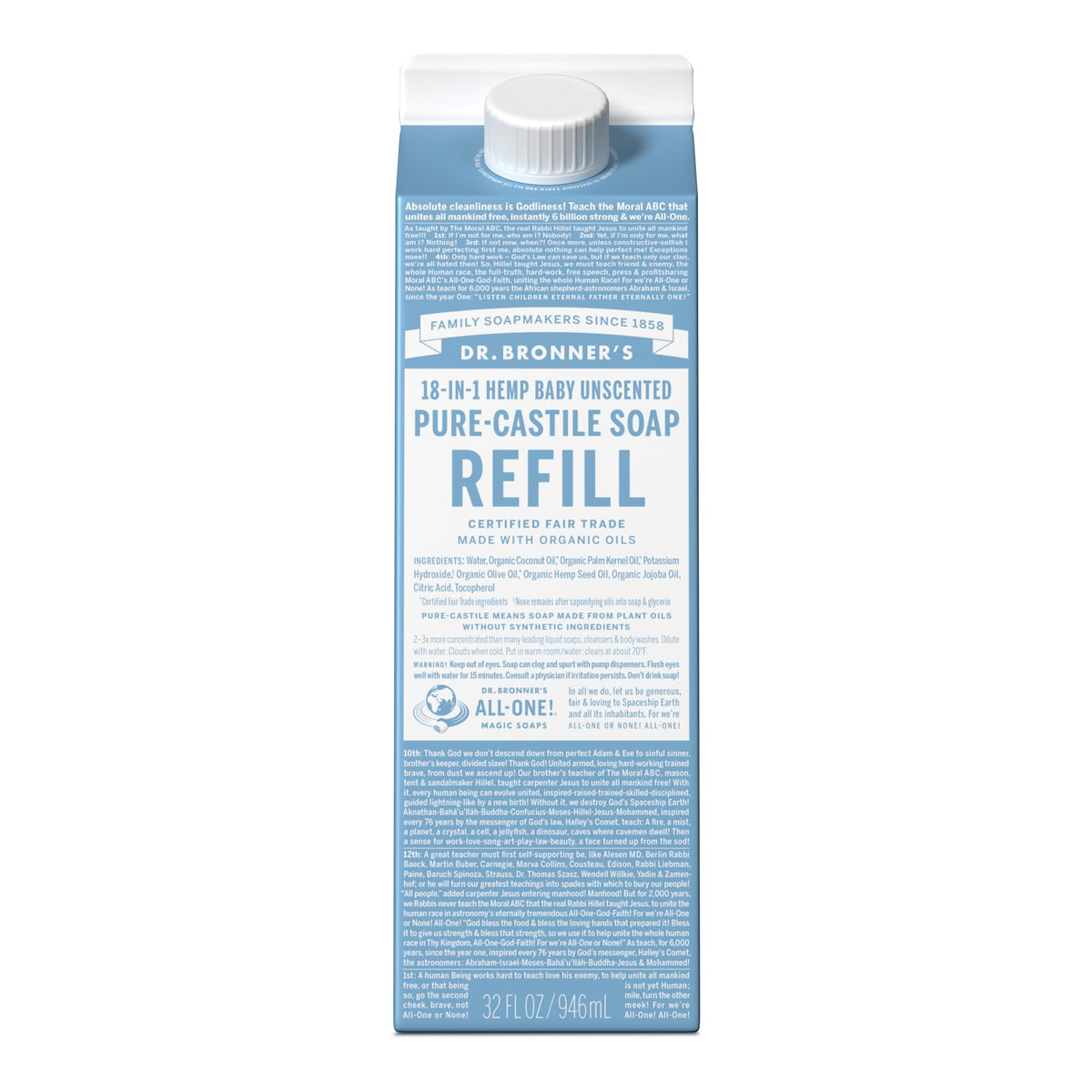 Dr. Bronner's Pure-Castile refill carton 32oz shows eco-friendly packaging and refill convenience.