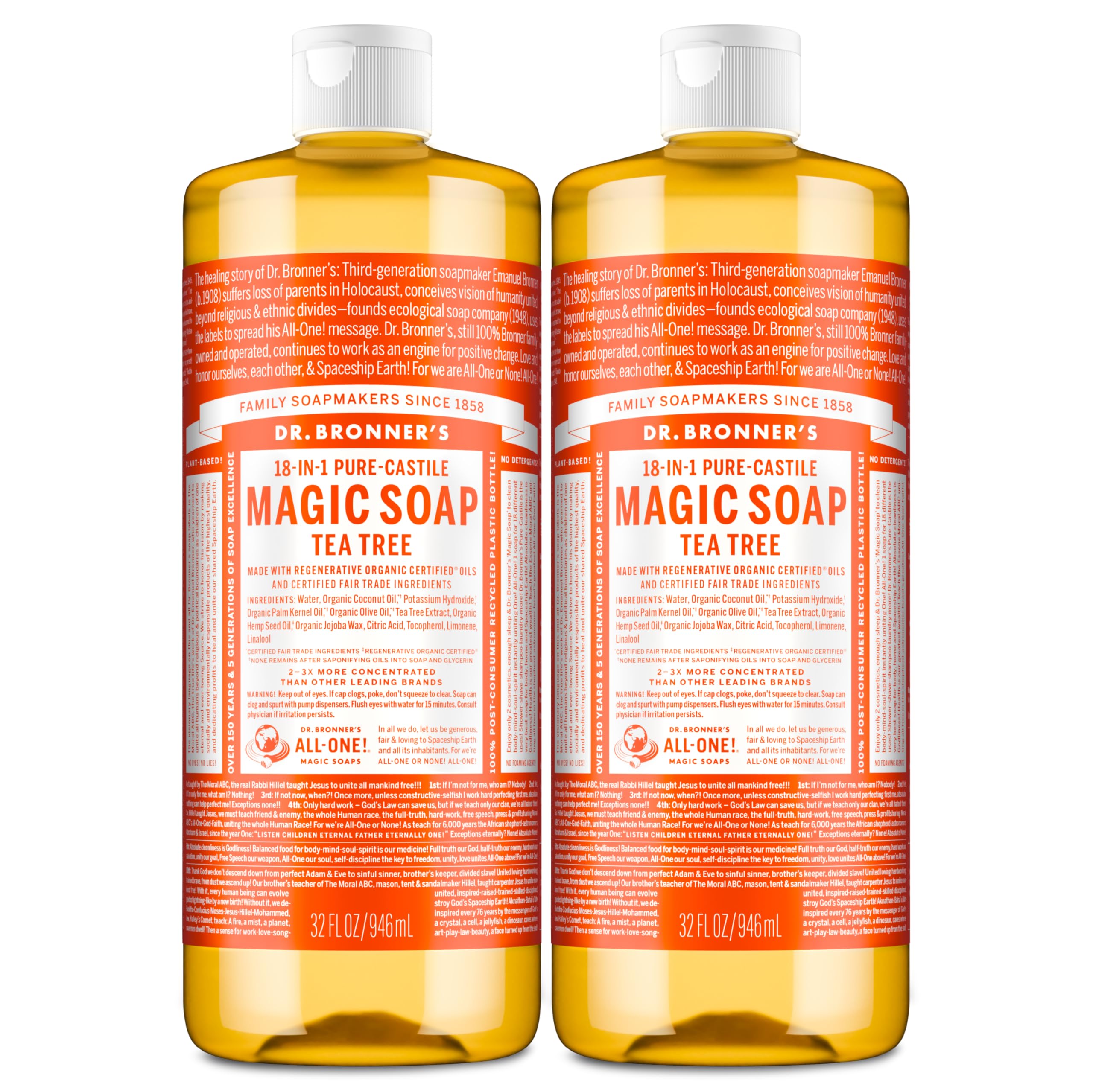 Dr. Bronner's Pure-Castile Tea Tree soap bottle for gentle skin and surface cleansing.