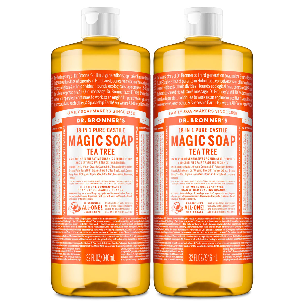 Dr. Bronner's Pure-Castile Tea Tree soap bottle for gentle skin and surface cleansing.