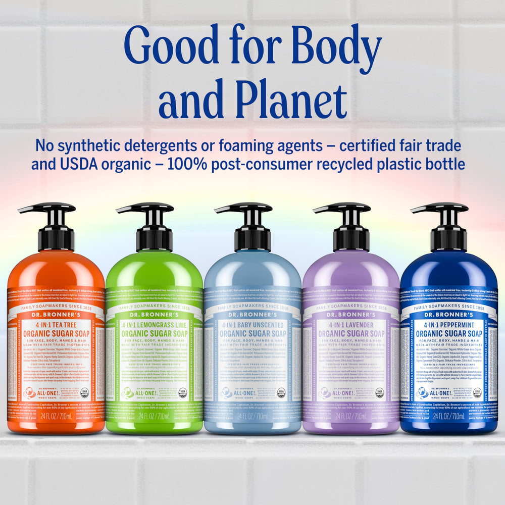 Dr. Bronner's packaging uses 100% post-consumer recycled plastic bottles.