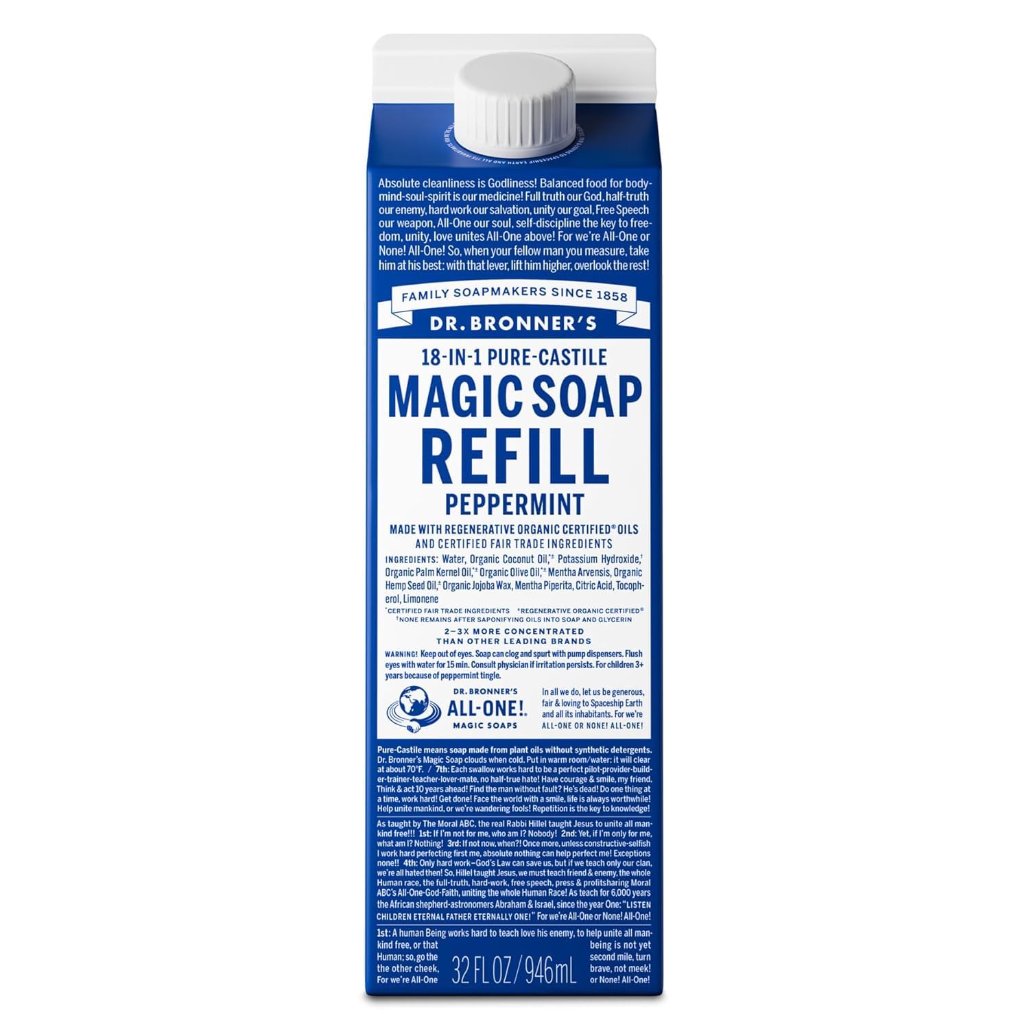 Dr. Bronner's Peppermint Pure-Castile refill bottle, 32oz, reduces plastic waste.