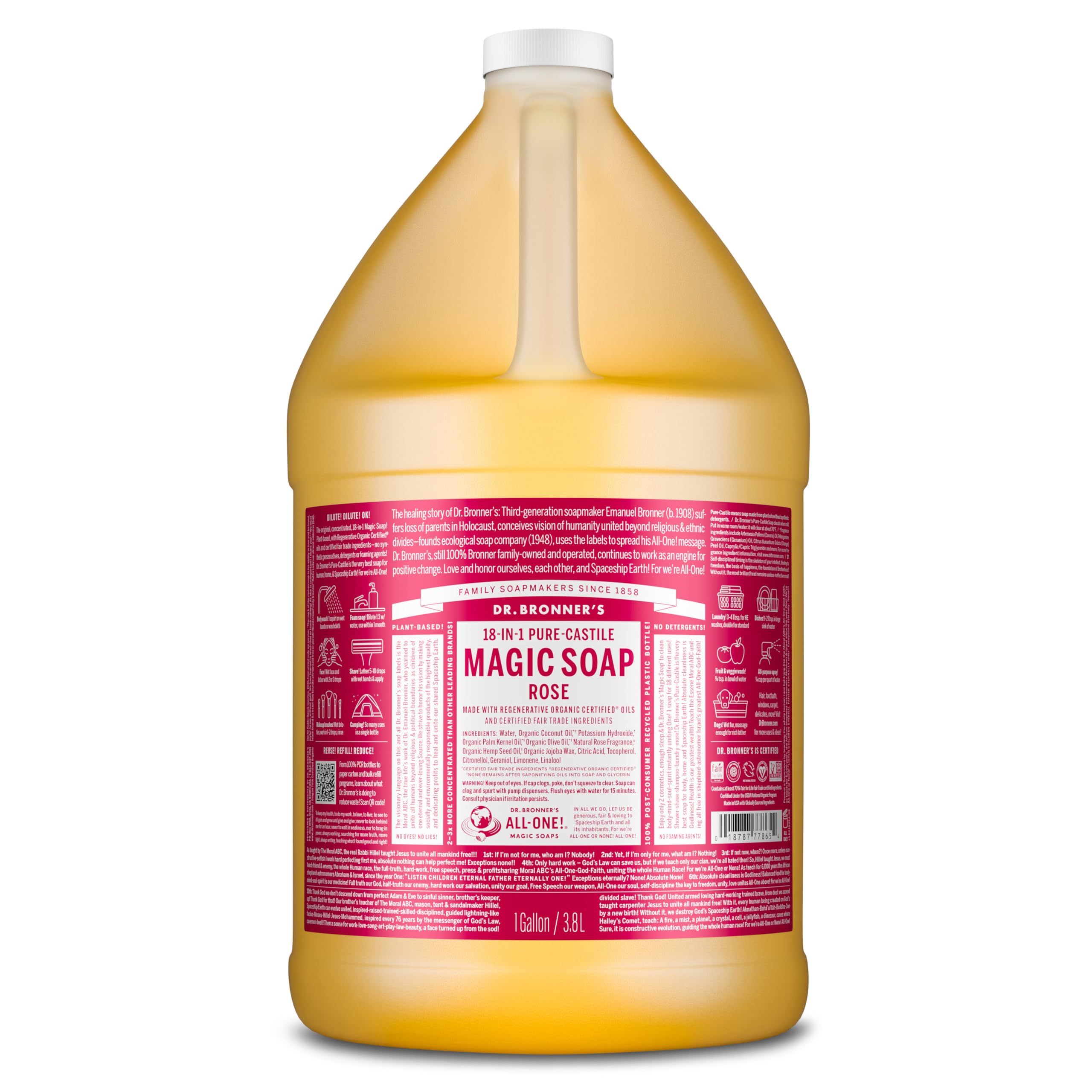 Dr. Bronner's Rose Pure-Castile soap bottle for versatile skin and home use