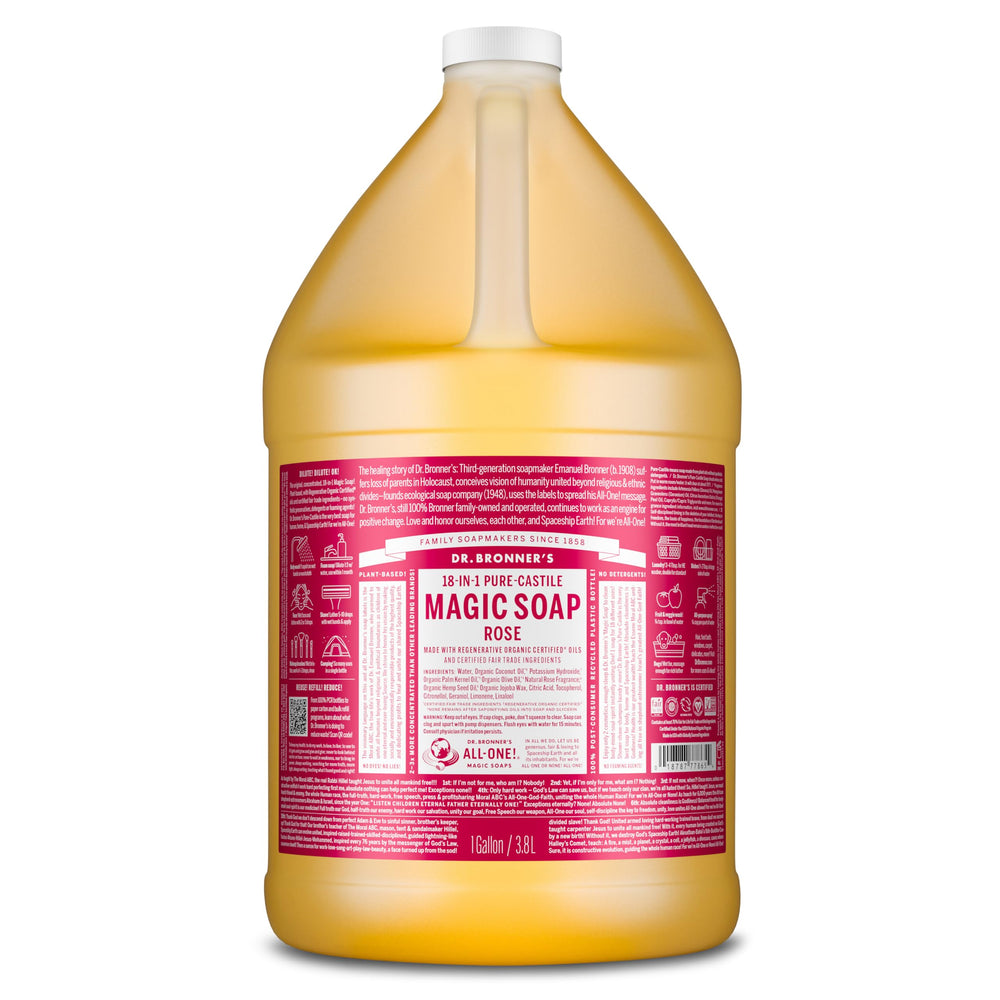 Dr. Bronner's Rose Pure-Castile soap bottle for versatile skin and home use