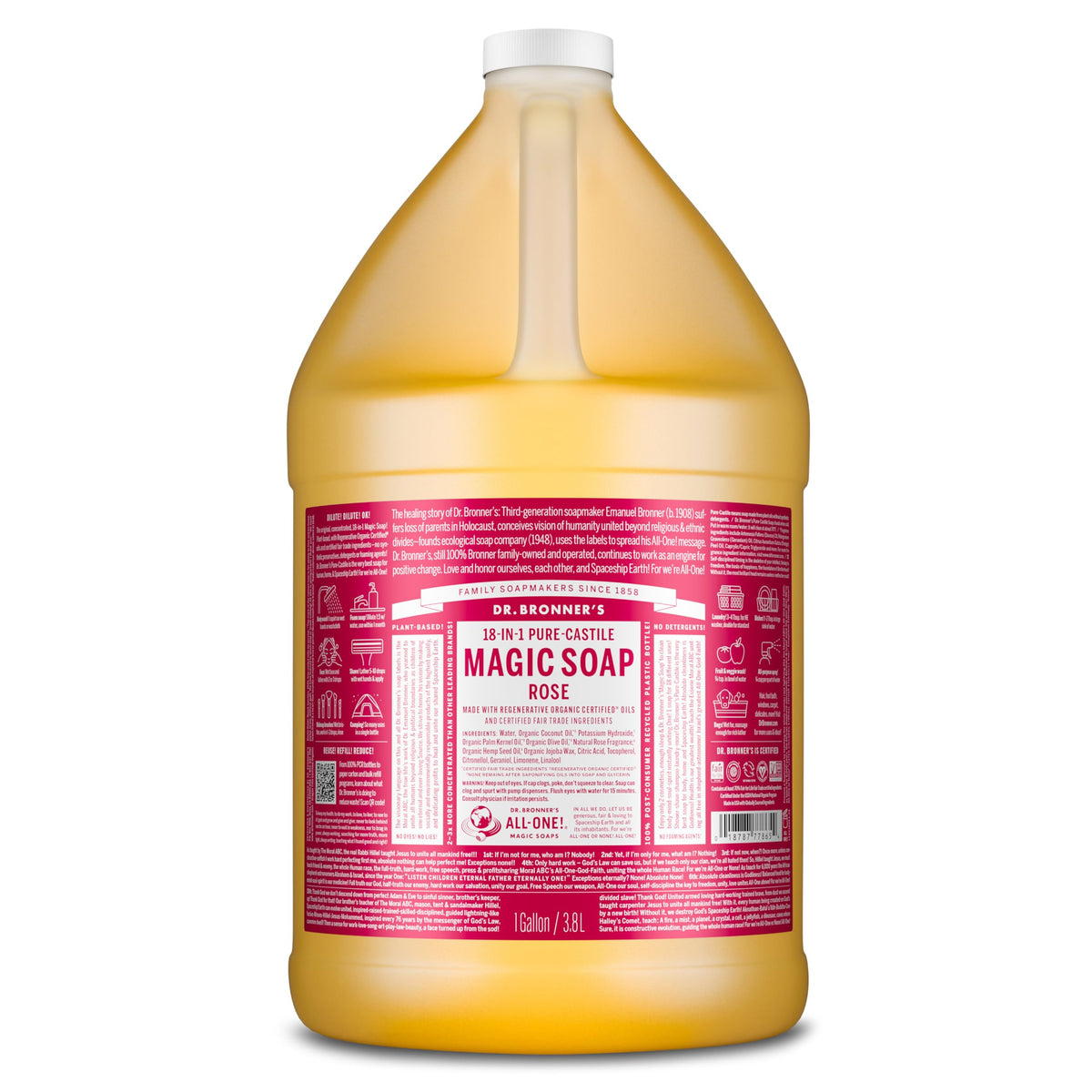 Dr. Bronner's Rose Pure-Castile soap bottle for versatile skin and home use