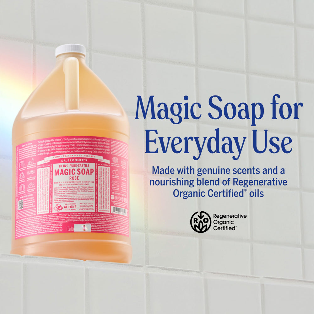 Close-up of Dr. Bronner's Rose pure-castile soap lather for quick rinse