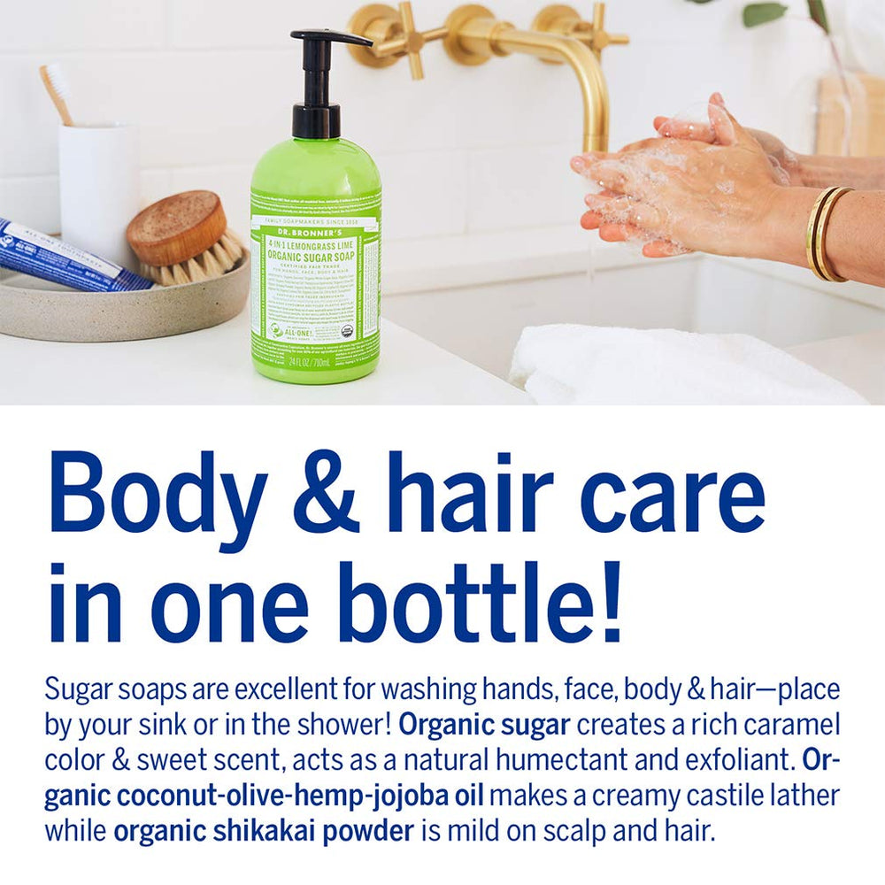 Dr. Bronner's Lemongrass Sugar Soap gentle face cleansing.