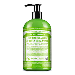 Dr. Bronner's Lemongrass Sugar Soap bottle with creamy lather for cleansing.