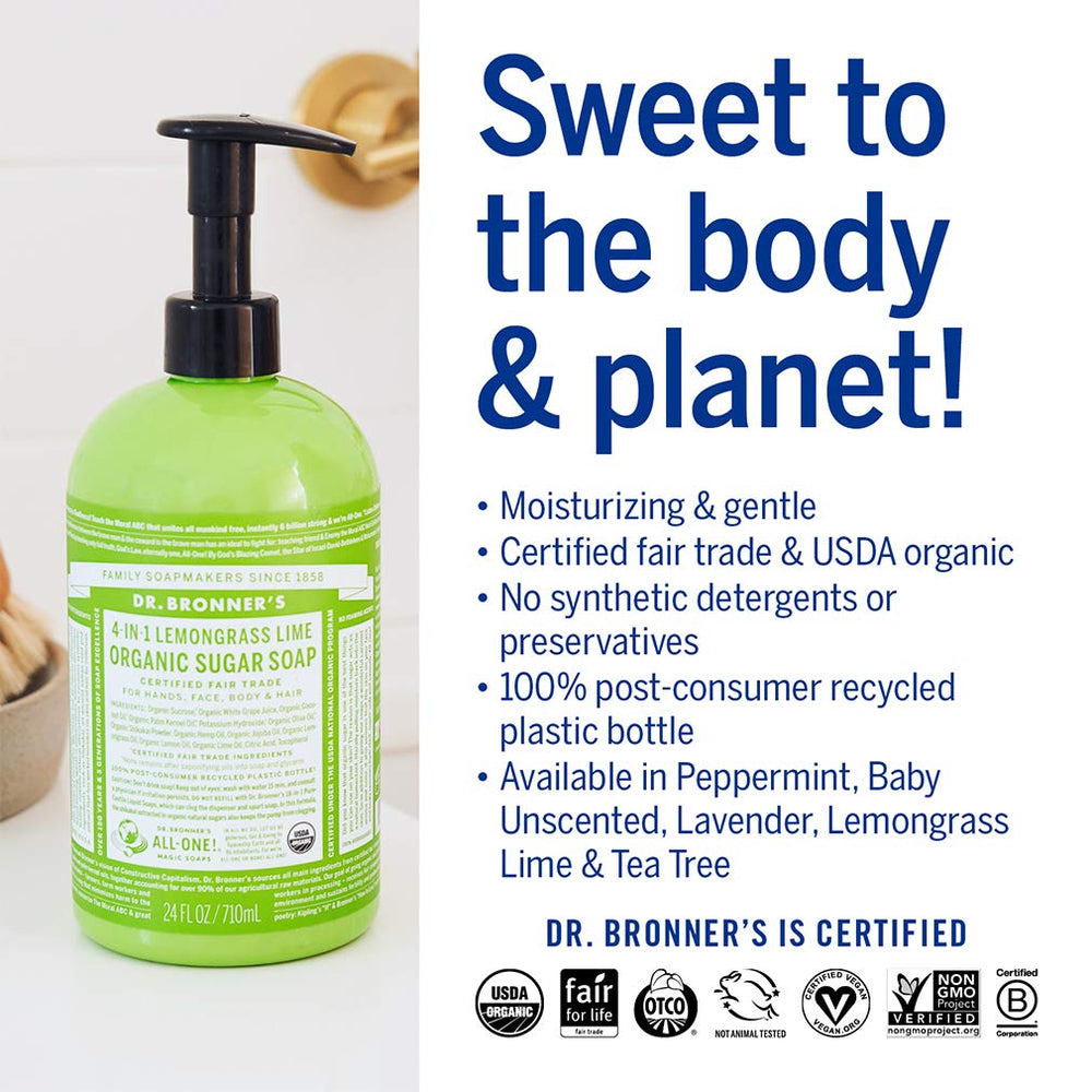 Dr. Bronner's Lemongrass Sugar Soap cleansing the hair with lather.