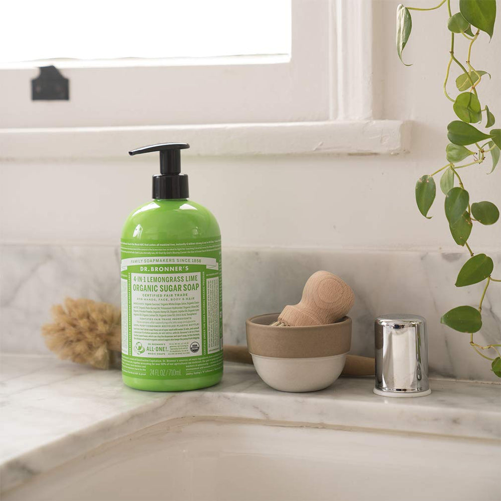 Dr. Bronner's Lemongrass Sugar Soap used on the body for refreshing cleanse.