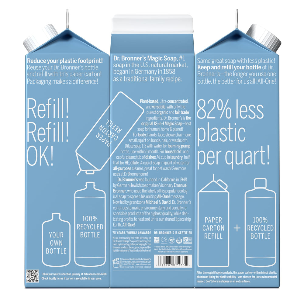 Dr. Bronner's unscented castile soap lather closeup highlighting gentle skin cleansing.