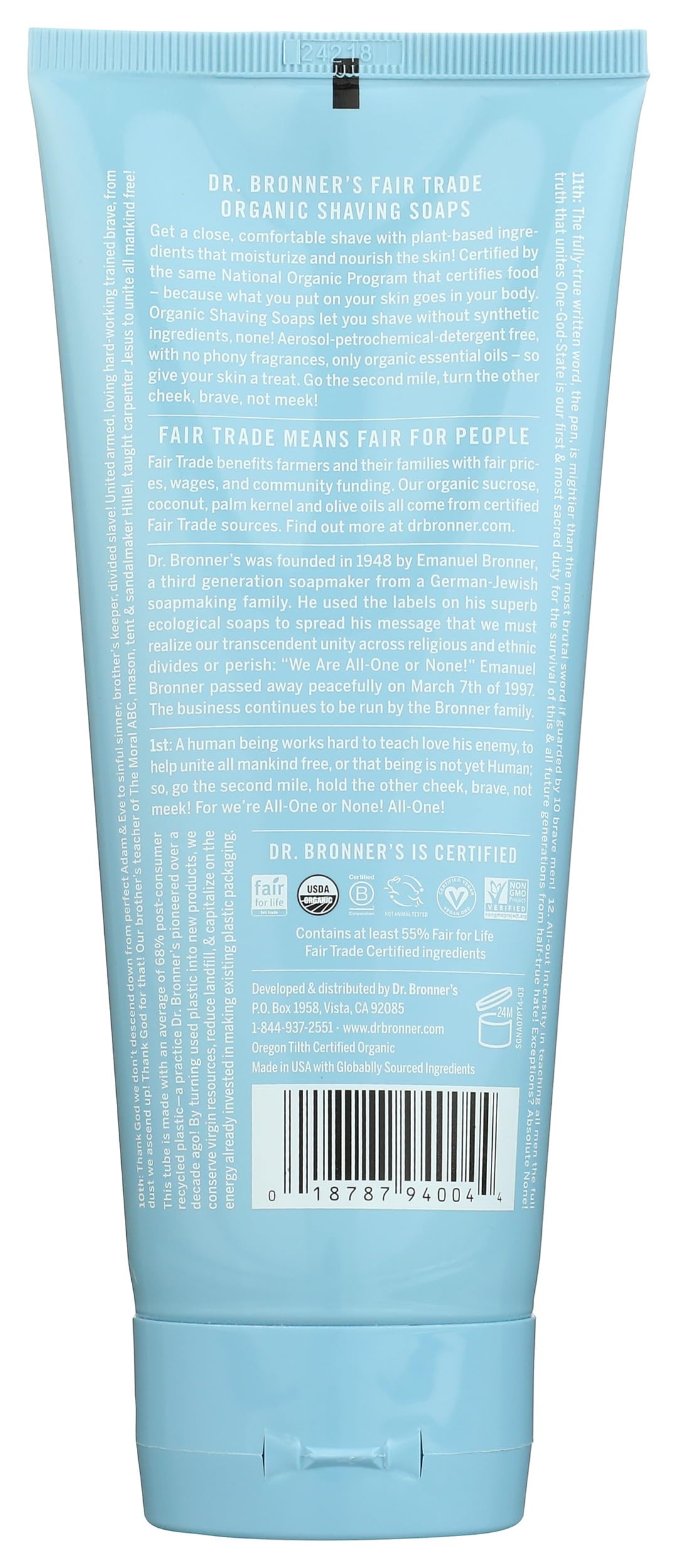 Dr. Bronner's unscented shaving soap label closeup shows plant-based formula.