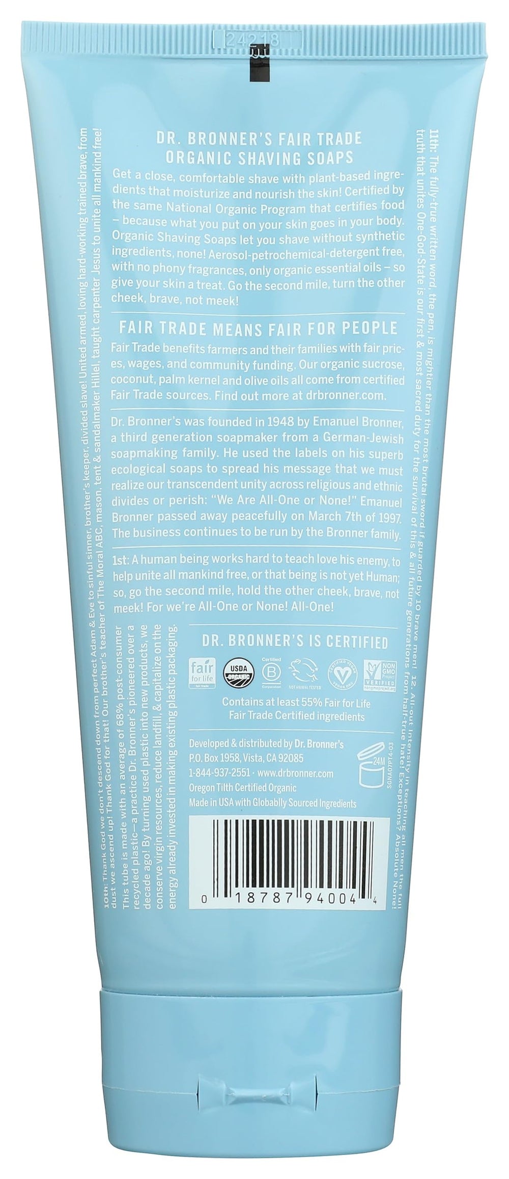 Dr. Bronner's unscented shaving soap label closeup shows plant-based formula.