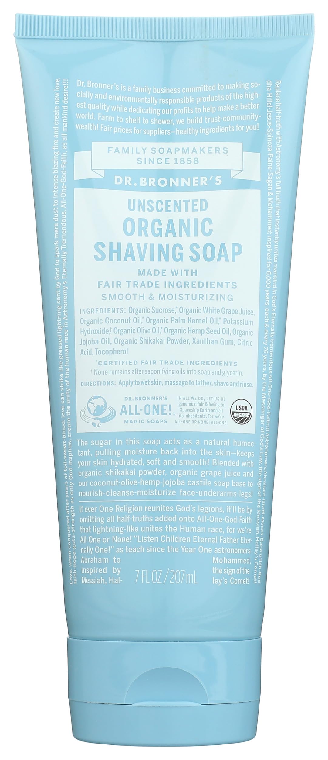 Dr. Bronner's unscented shaving soap tube 7oz front view, conditioning for a smooth shave.