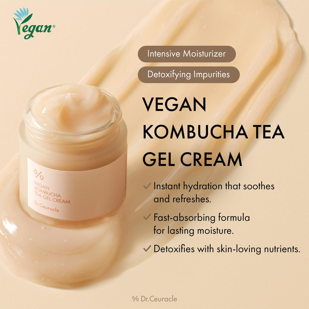 Dr. Ceuracle Kombucha Tea Gel Cream delivers a radiant water-glow finish.