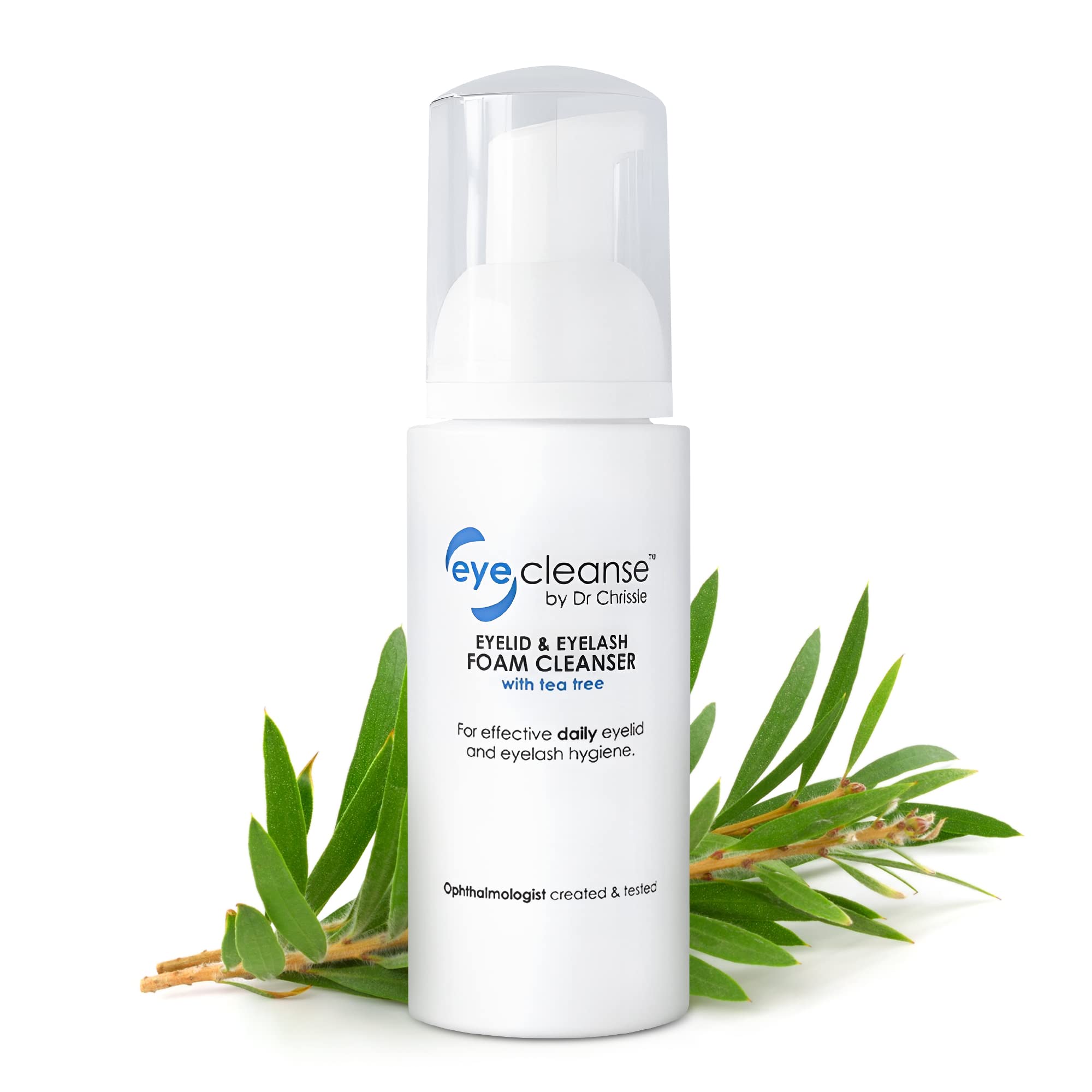 Dr Chrissie EyeCleanse bottle close-up for gentle eyelid and lash cleansing