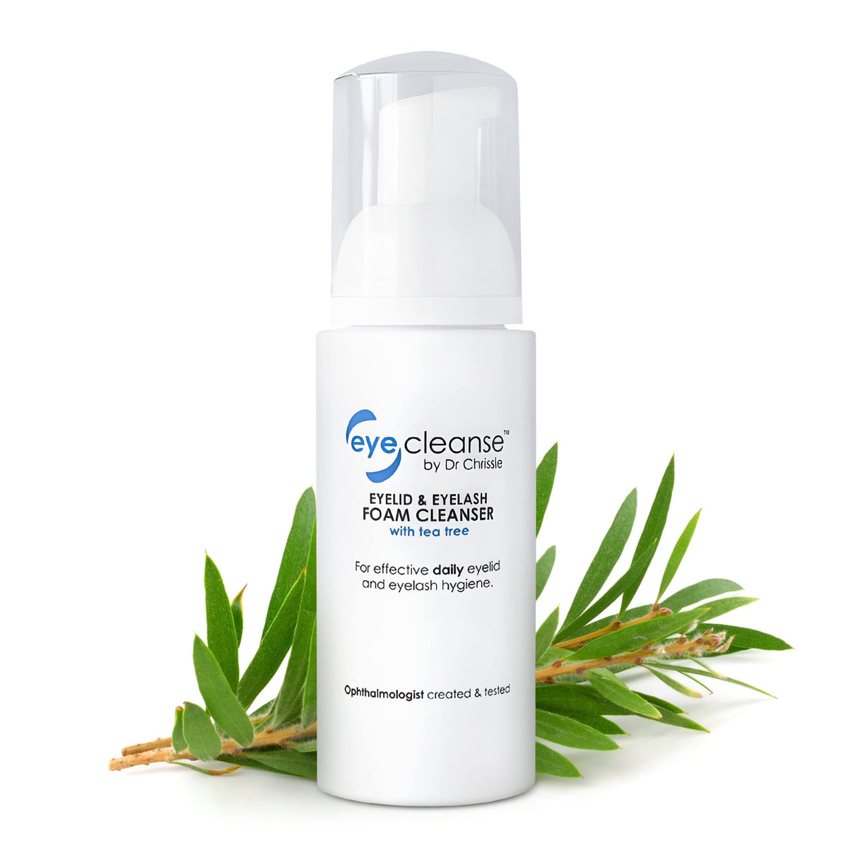 Dr Chrissie EyeCleanse bottle close-up for gentle eyelid and lash cleansing
