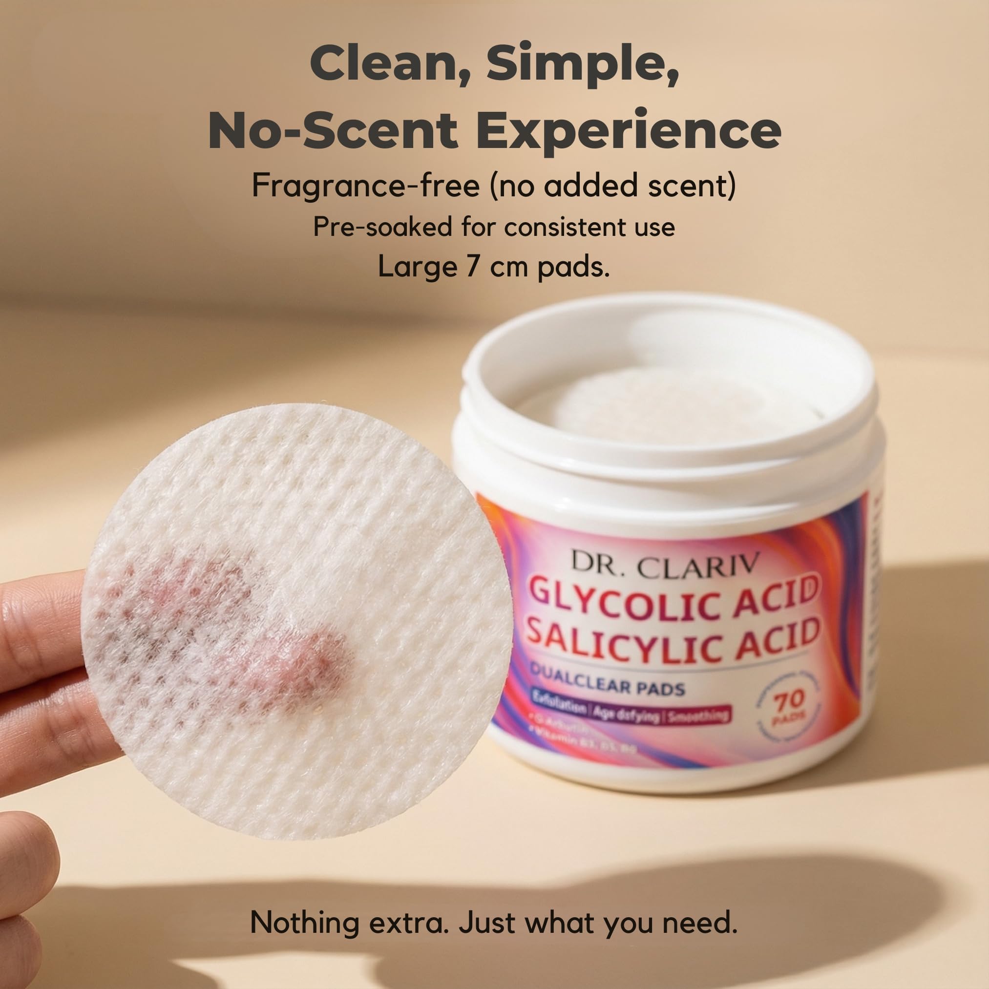 DR. CLARIV Exfoliating Pads fragrance-free formula shown for sensitive skin comfort
