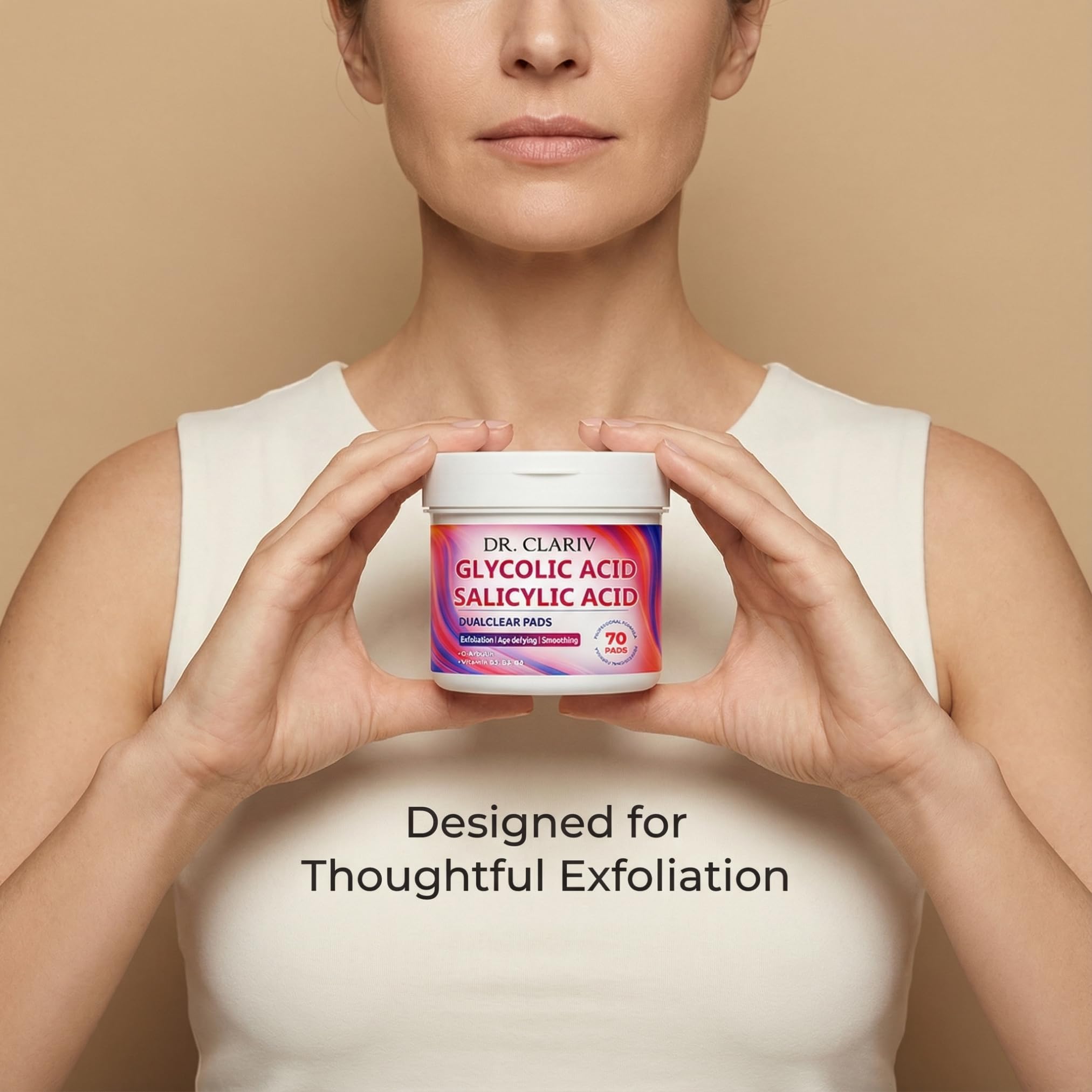 DR. CLARIV Exfoliating Pads result shot shows refreshed, even-toned look