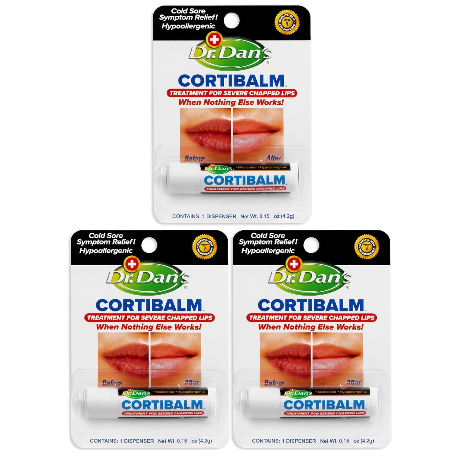 Dr. Dan's Cortibalm 3-pack front view highlighting compact, travel-ready lip balm.