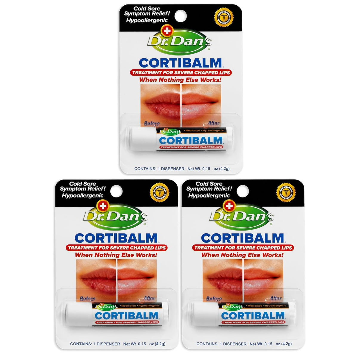 Dr. Dan's Cortibalm 3-pack front view highlighting compact, travel-ready lip balm.