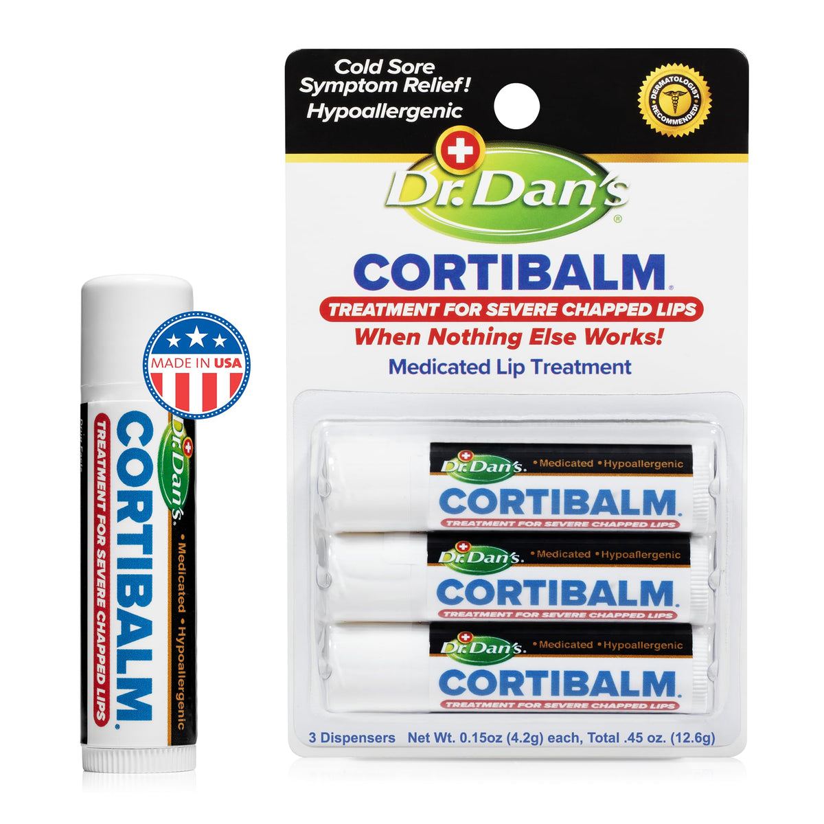 Dr. Dan's Cortibalm 3-pack pack shot showing a healing lip balm for dry lips.